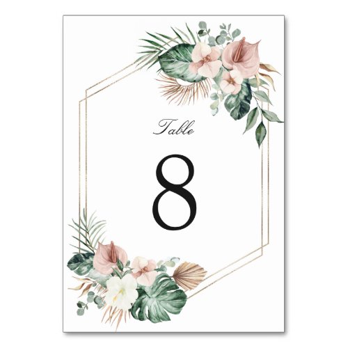 Tropical Palm Floral Blush Gold Geometric Wedding Table Number