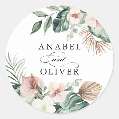 Tropical Palm Floral Blush Greenery Boho Envelope Classic Round Sticker