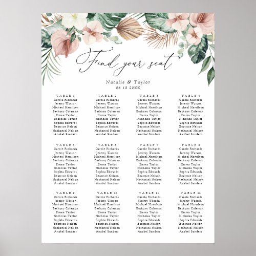 Tropical Palm Floral Blush Wedding Seating Chart