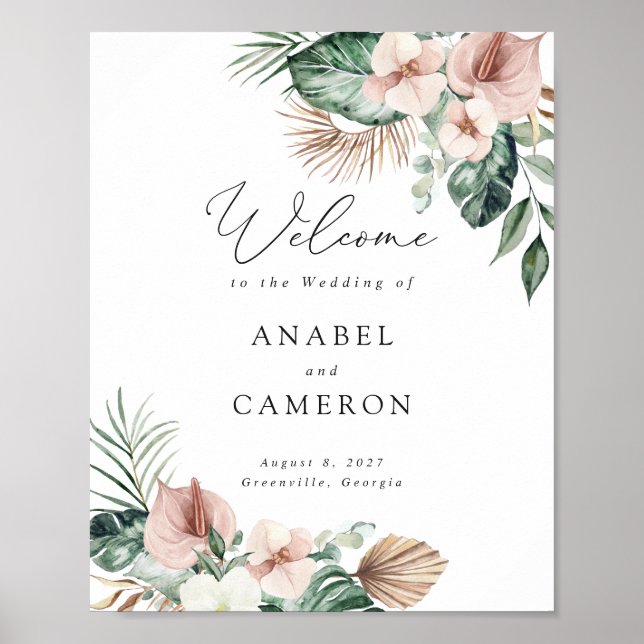 Tropical Palm Floral Blush Wedding Welcome Sign (Front)