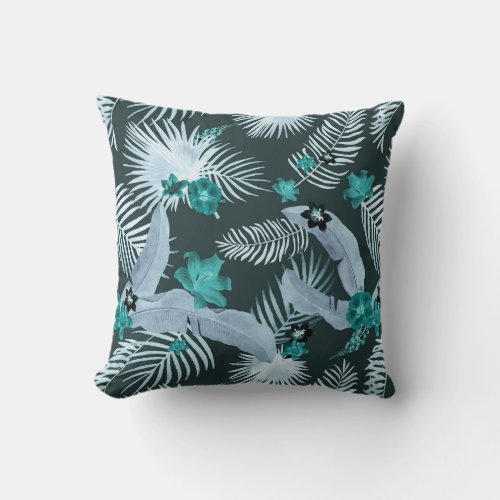 Tropical Palm Floral Pattern  Turquoise  Gray Throw Pillow