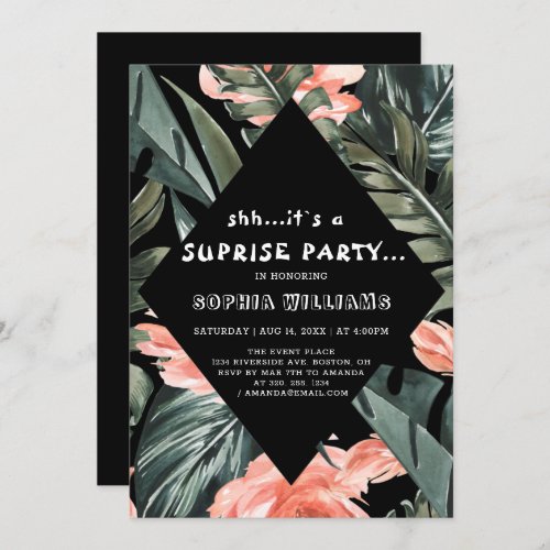 Tropical Palm Floral Surprise Black Party Invite