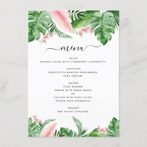 Tropical Palm Floral Watercolor Blush Pink Wedding Menu