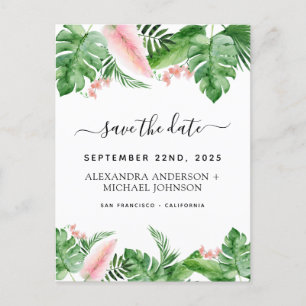 Tropical Palm Floral Watercolor Save the Date Announcement Postcard