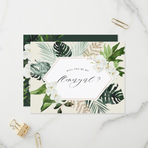 tropical palm floral will you be my flowergirl invitation postcard
