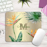 Tropical Palm Foliage Floral Monogram Script Gold  Mouse Pad<br><div class="desc">Bring a bit of that tropical vacation feeling to your workplace whenever you use this chic, modern custom monogram mousepad. Stunning, sophisticated, colorful, tropical watercolor birds of paradise flowers, faux gold glitter, and personalized calligraphy script with a bold monogram initial, overlay a stylish, glam brushed faux gold foil background. Personalize...</div>