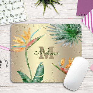 Tropical Palm Foliage Floral Monogram Script Gold  Mouse Pad