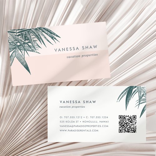 Tropical Palm Frond Colorblock QR Code Business Card