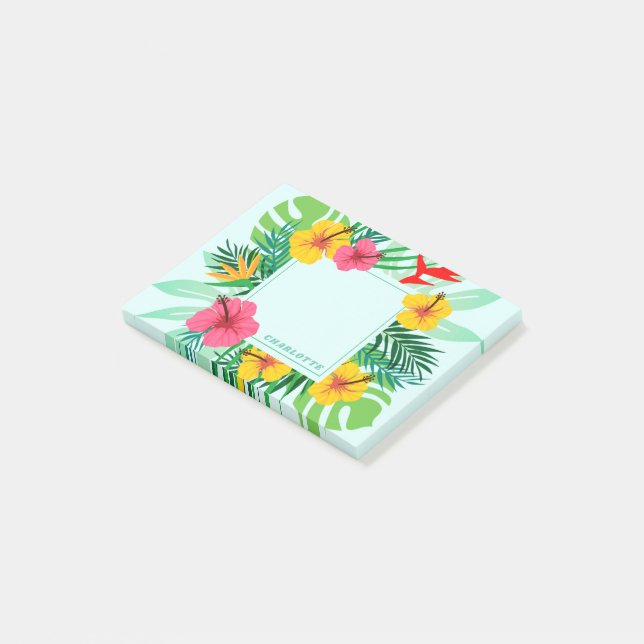 Tropical Palm Frond Hawaiian Flowers Personalized Post-it Notes (Angled)