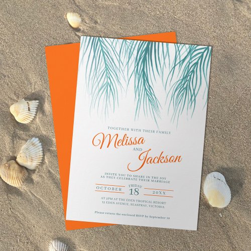 Tropical palm frond watercolor teal orange wedding invitation