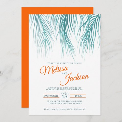 Tropical palm frond watercolor teal orange wedding invitation