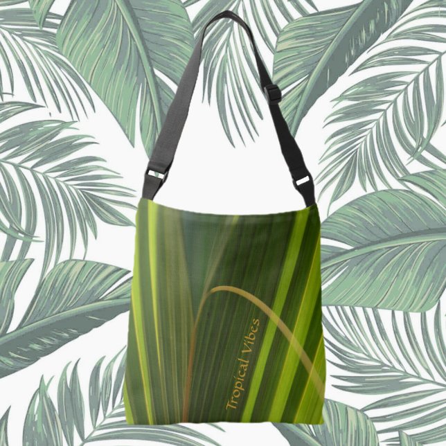 Tropical Palm Fronds Green Striped Personalized Crossbody Bag (Creator Uploaded)