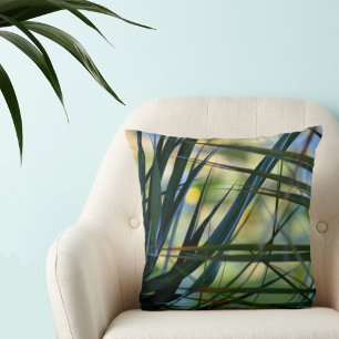 Tropical Palm Fronds Natural Green Blue and Yellow Throw Pillow