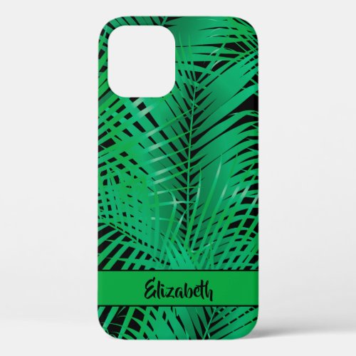 Tropical Palm Fronds on Black Personalized Name iPhone 12 Case