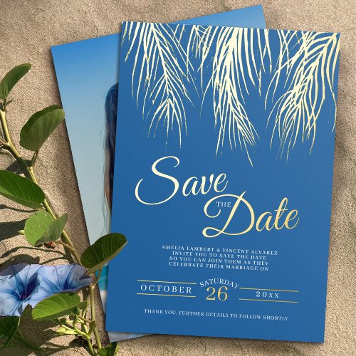 Tropical palm fronds save the date blue gold foil invitation