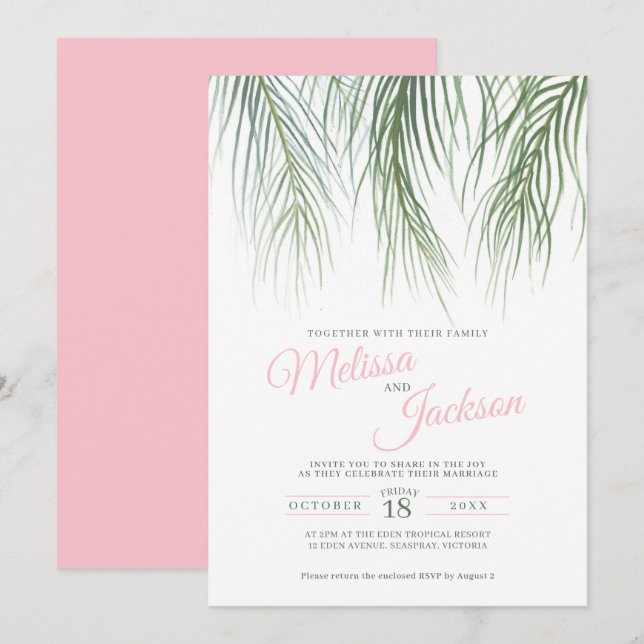 Tropical palm fronds watercolor green pink wedding invitation (Front/Back)
