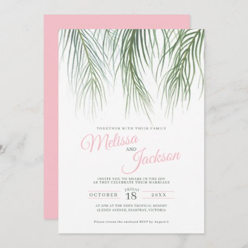 Tropical palm fronds watercolor green pink wedding invitation