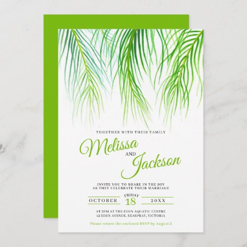 Tropical palm fronds watercolor painting wedding invitation