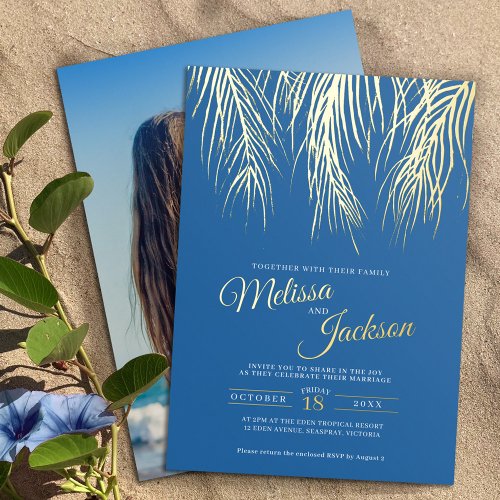 Tropical palm fronds wedding blue gold foil foil invitation