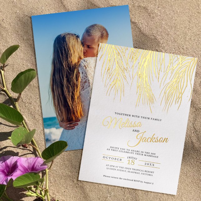 Tropical palm fronds wedding gold foil invitation (Creator Uploaded)