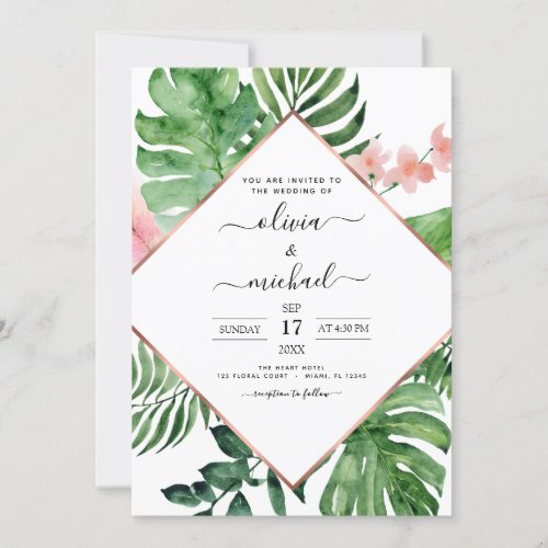 Tropical Palm Geometric Beach Photo Wedding Invitation