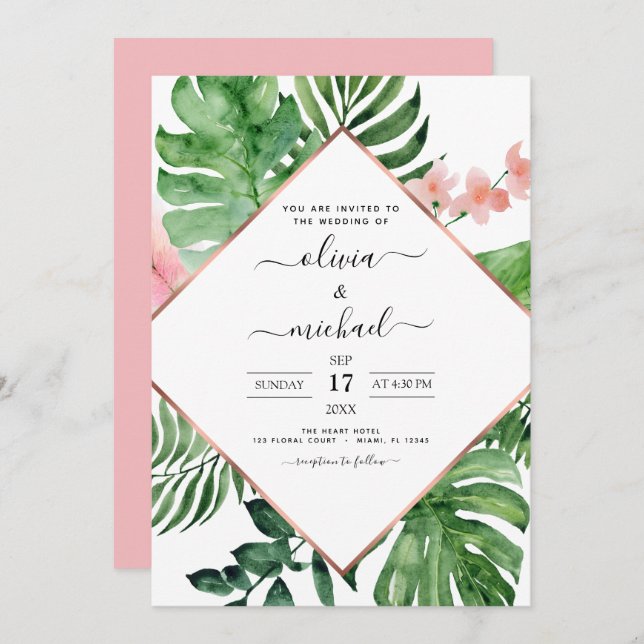 Tropical Palm Geometric Beach Wedding  Invitation (Front/Back)