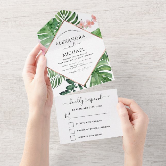 Tropical Palm Geometric Rose Gold Wedding All In One Invitation (Tearaway)