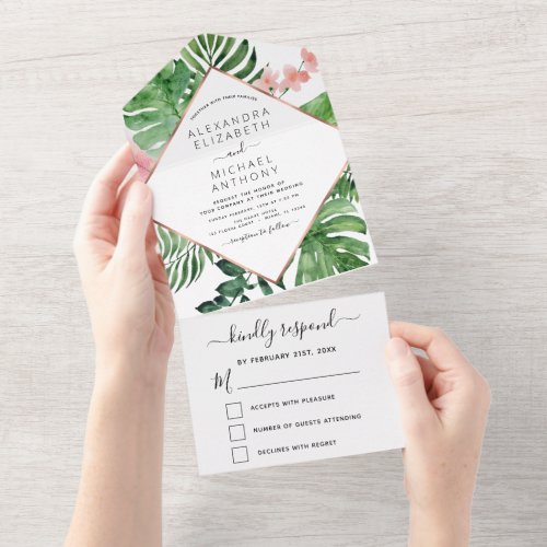 Tropical Palm Geometric Rose Gold Wedding All In One Invitation