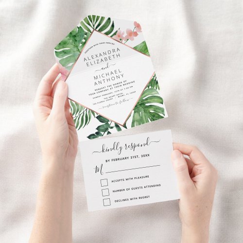 Tropical Palm Geometric Rose Gold Wedding All In One Invitation