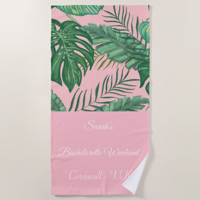 Tropical Palm Girly Pink Bachelorette Beach Towel (Front)