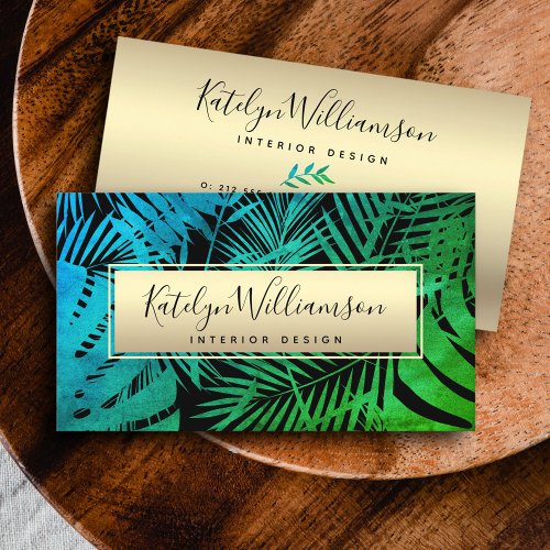 Tropical palm gold green teal ombre elegant script business card