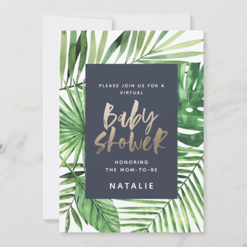 Tropical palm gold script virtual baby shower save the date