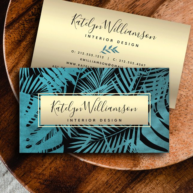 Tropical palm gold teal elegant script typography business card (Creator Uploaded)