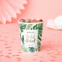 Tropical palm green and gold script bridal shower paper cups