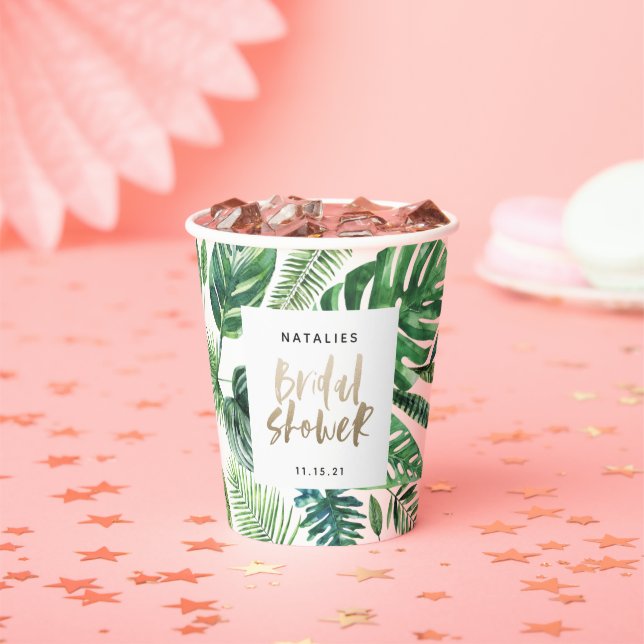 Tropical palm green and gold script bridal shower paper cups (Insitu)