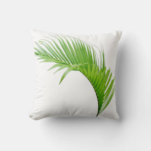 Tropical palm green leaf on white throw pillow