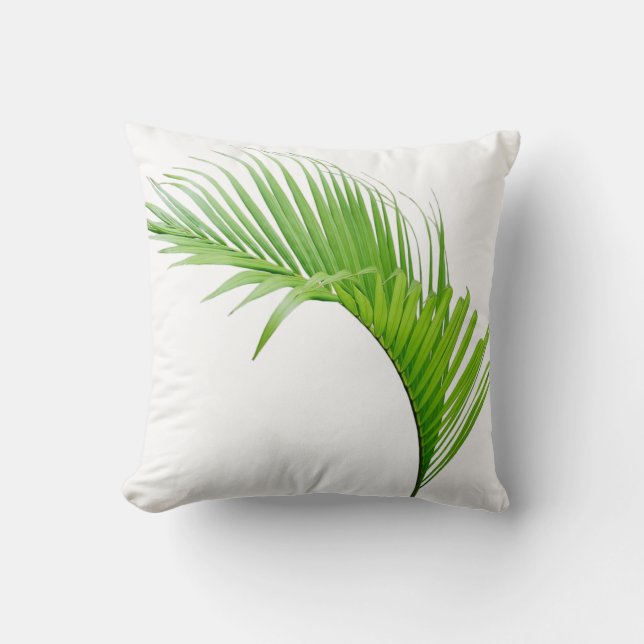 Tropical palm green leaf on white throw pillow (Front)