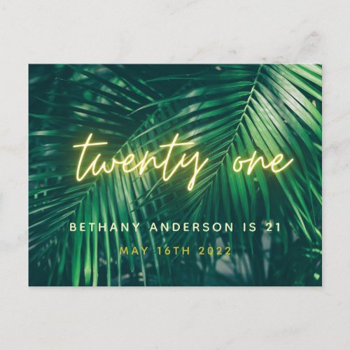 Tropical palm green neon script 21st birthday postcard