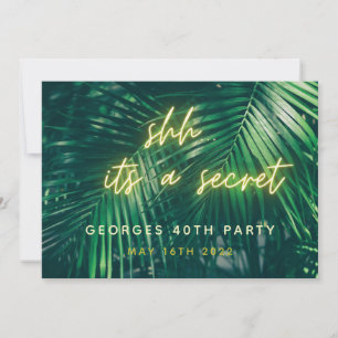 Tropical palm green neon script surprise birthday save the date