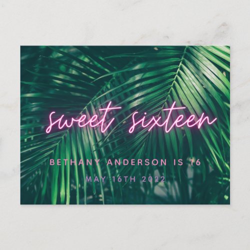 Tropical palm green neon script sweet 16 birthday  postcard