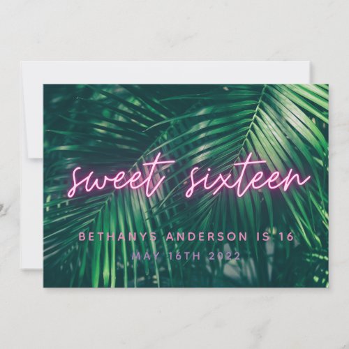 Tropical palm green neon script sweet 16 birthday  save the date