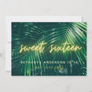 Tropical palm green neon script sweet 16 birthday save the date