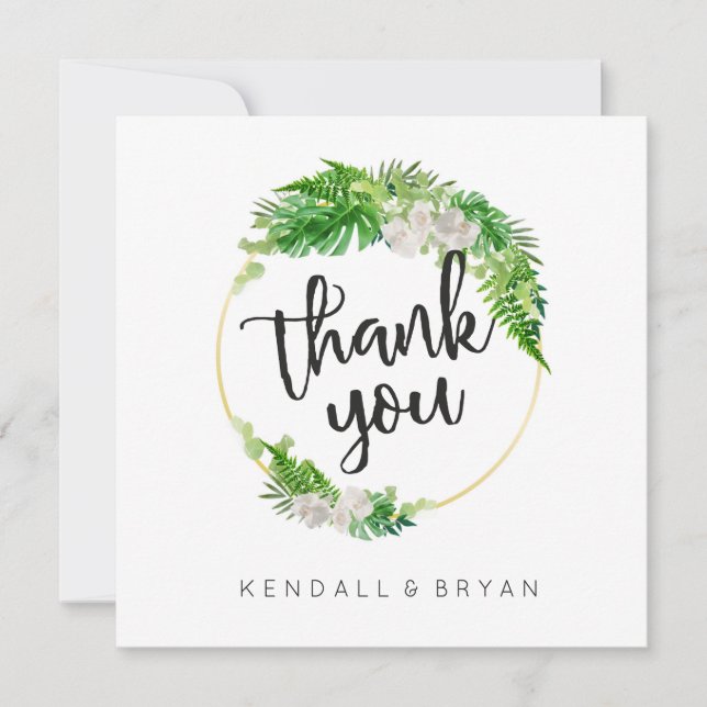 Tropical Palm Greenery and Gold Wreath Thank You Card (Front)