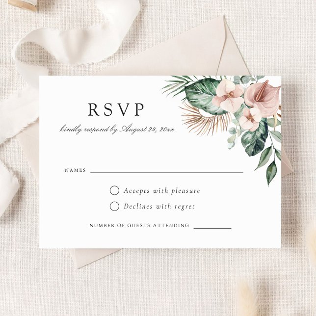 Tropical Palm Greenery Floral Blush Wedding RSVP Invitation (Creator Uploaded)