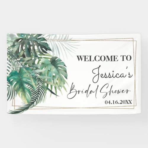 Tropical palm greenery gold bridal shower Backdrop Banner