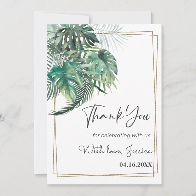 Tropical palm greenery gold frame bridal shower thank you card (Front)
