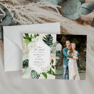 tropical palm greenery wedding photo save the date