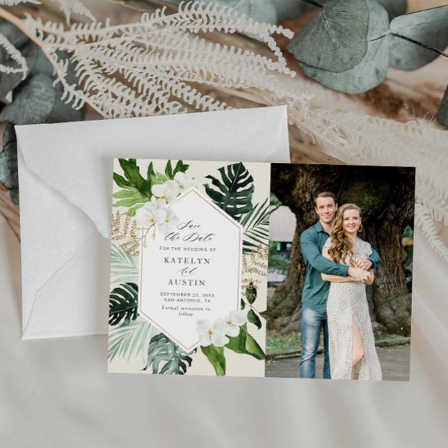 tropical palm greenery wedding photo save the date (Creator Uploaded)