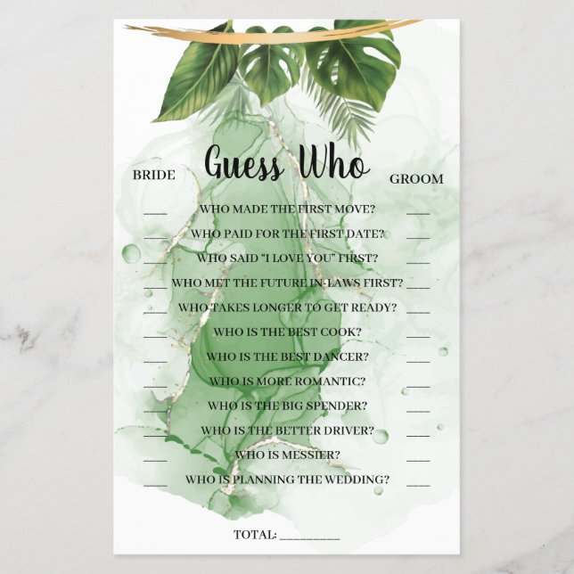 Tropical Palm Guess Who Bridal Shower Game Card Flyer (Front)