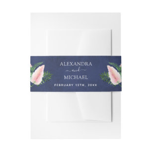 Tropical Palm Hawaiian Navy Blue Wedding Invitation Belly Band